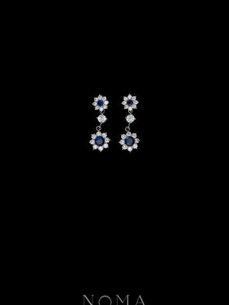 Round Paved Double Dot Round Earrings - Rhodium White Gold, Sapphire