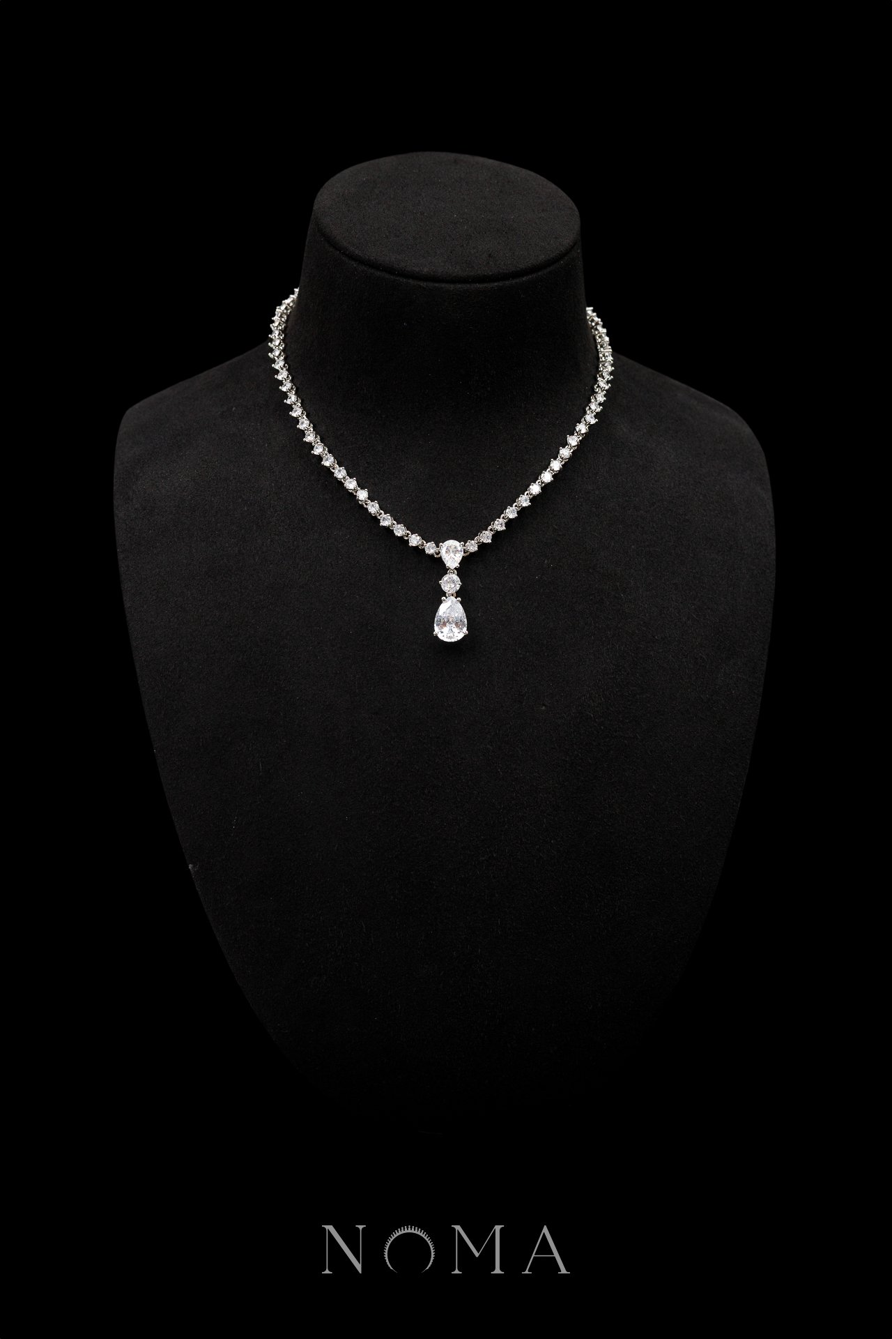 Pear on Pear Necklace - Rhodium White Gold, White Diamond