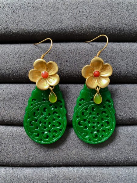 Carved Pear Jade Floral Earrings - 18k Yellow Gold, Jade