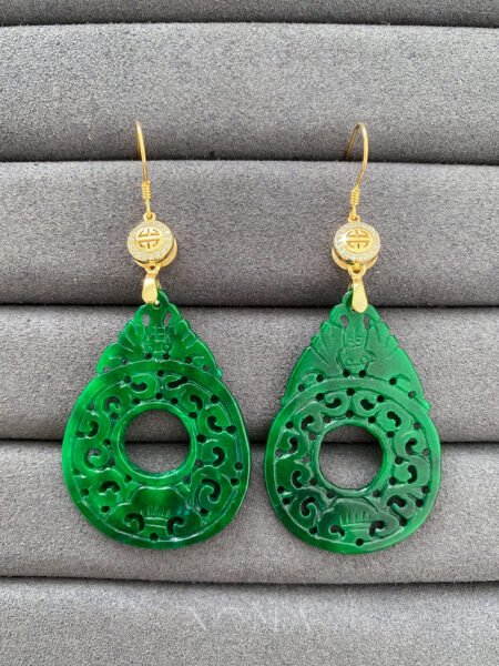Double Happiness Carved Rounded Teardrop Hollow Jade Earrings - 18k Yellow Gold, Jade