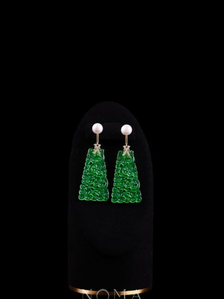 Carved Floral Trapezium Jade with Pearl Earrings - 18k Yellow Gold, Jade