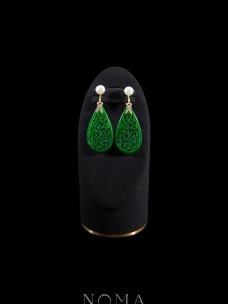 Carved Floral Teardrop Jade with Pearl Earrings - 18k Yellow Gold, Jade