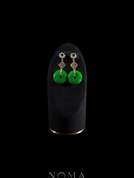 Round Paved Happiness Carved Donut Jade Earrings - 18k Yellow Gold, Jade