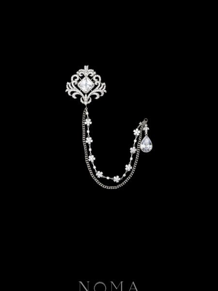 Ornamental Drop Pear Chain Pin - Rhodium White Gold