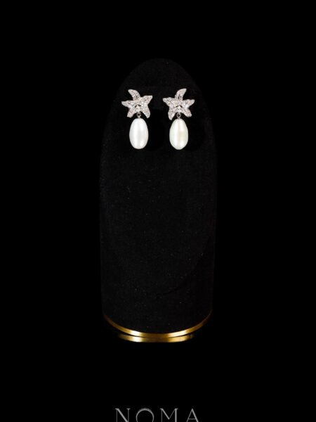 Sea Star Teardrop Pearl Earrings - Rhodium White Gold, White Pearl