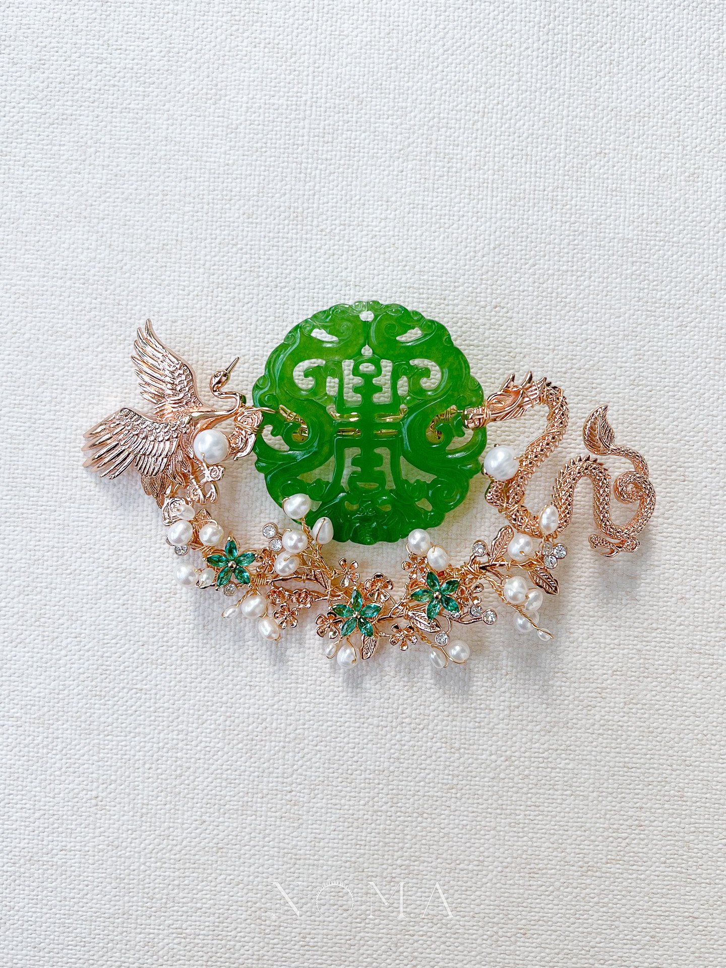 Crane Dragon Jade Brooch - Gold, Jade