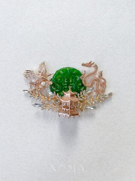 Extravagant Crane Dragon Jade Brooch - Gold, Jade