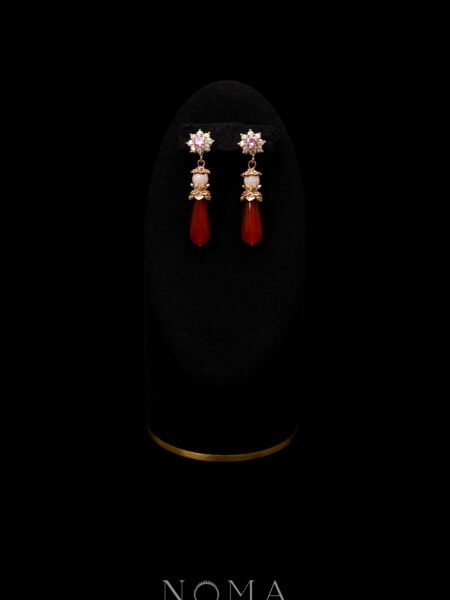 Round Paved Ornamental Pear Jade Earrings - Gold, Red Jade
