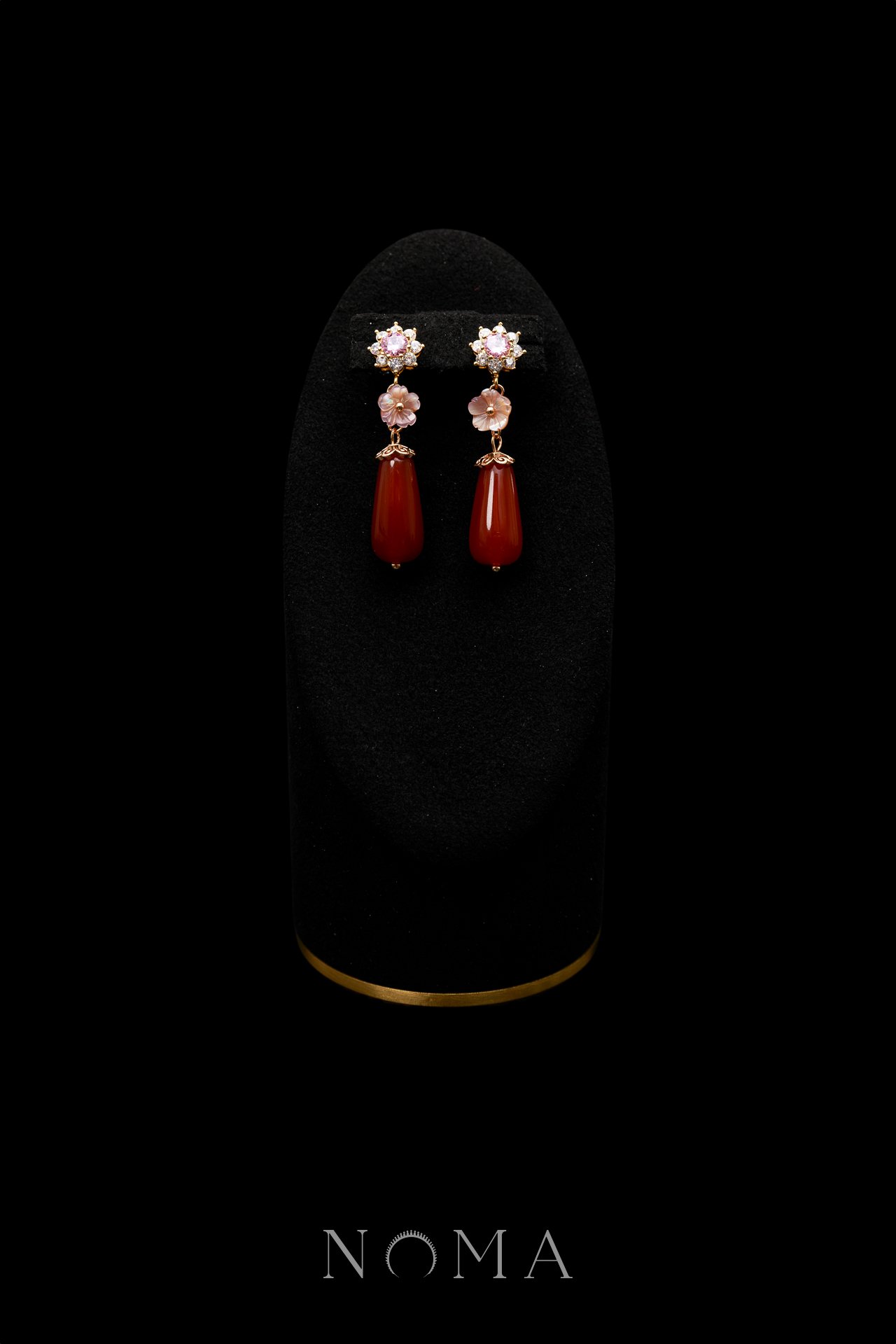 Round Paved Ume Pear Jade Earrings - Gold, Red Jade