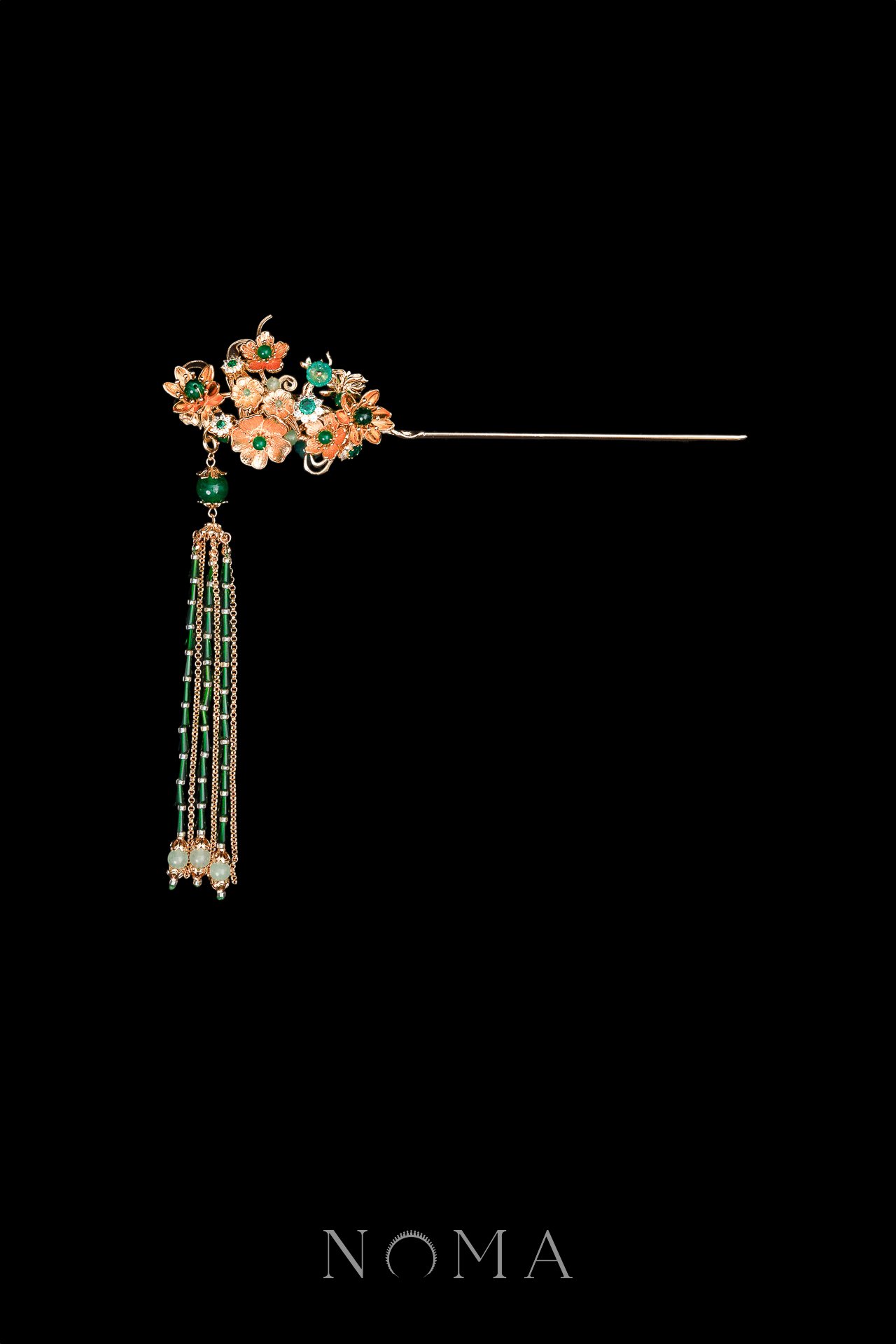 Oriental Flower Arrangement Hairpin - Gold, Green (Right)