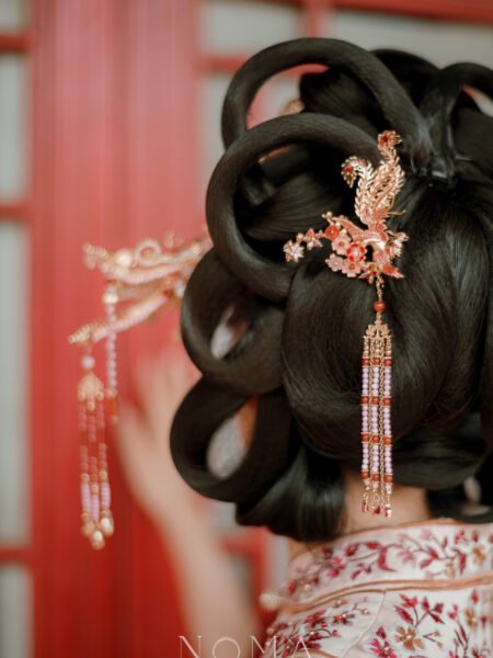 Colorful Phoenix Heart Branch Side Hairpin  - Gold, Pink (Left)