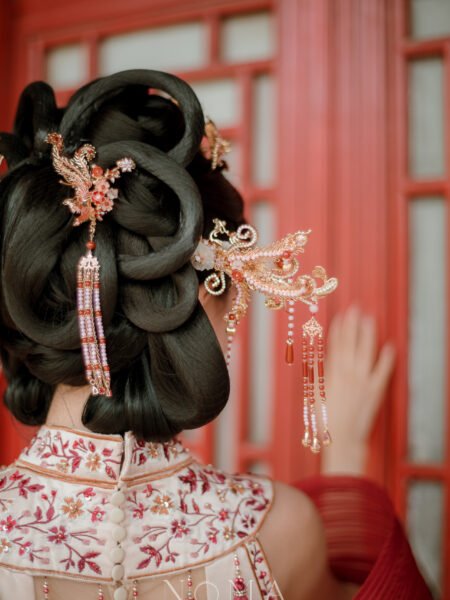 Colorful Phoenix Heart Branch Side Hairpin  - Gold, Pink (Right)
