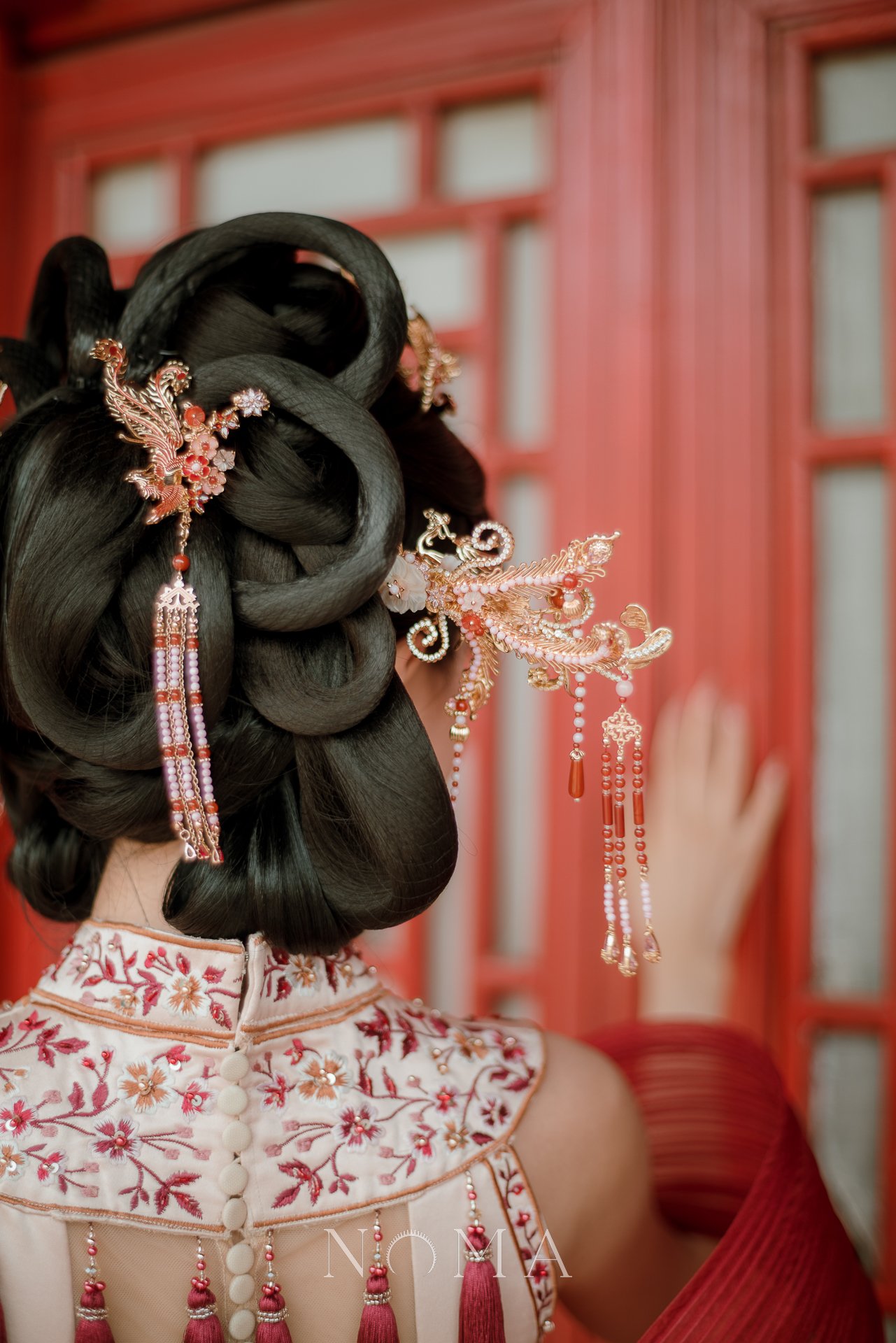 Colorful Phoenix Heart Branch Side Hairpin  - Gold, Pink (Right)