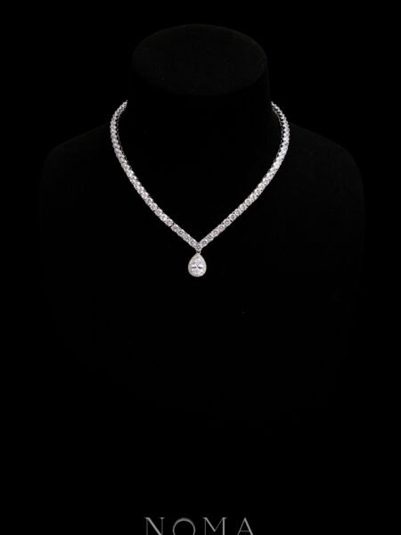 V Round 0.25 ct Around Tennis Choker with Double Bezel Pear Pendant Necklace - Rhodium White Gold