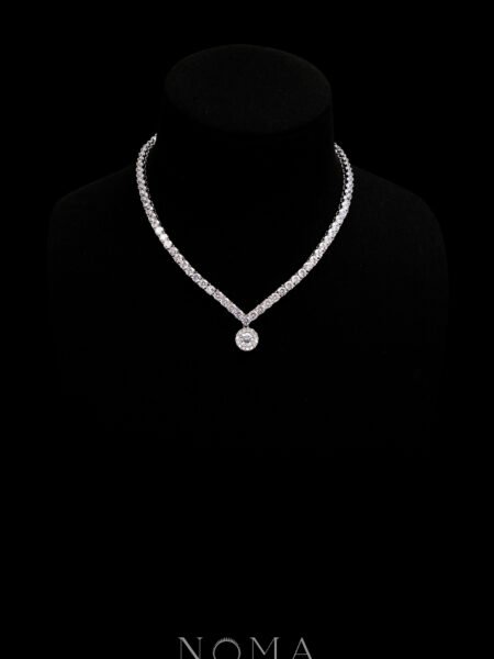 V Round 0.25 ct Around Tennis Choker with Classic Round Halo Pendant - Rhodium White Gold