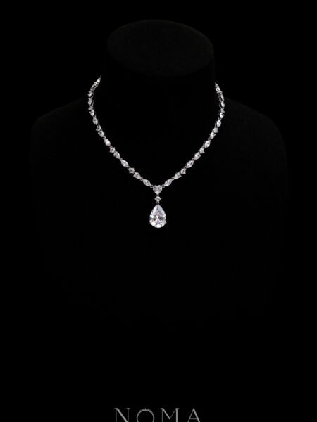 Pear Heart Raindrop Necklace - Rhodium White Gold, White Diamond