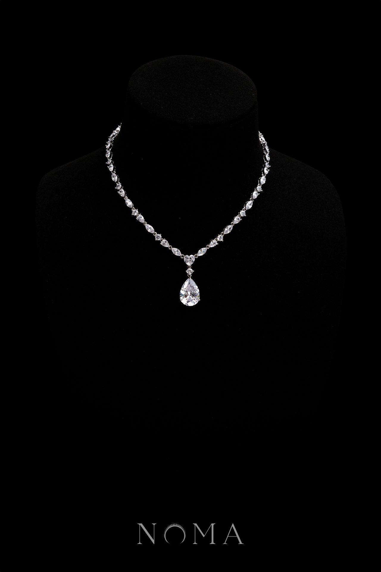 Pear Heart Raindrop Necklace - Rhodium White Gold, White Diamond