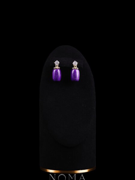 Tubular Jade Medium 10x14 mm with Round Solitaire Earrings - 18k Yellow Gold, Purple Jade
