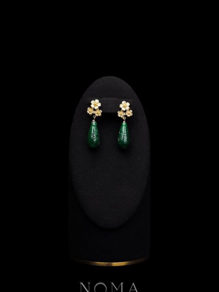 Trio Floral Carved Pear Jade Earrings - Doff Gold, Jade