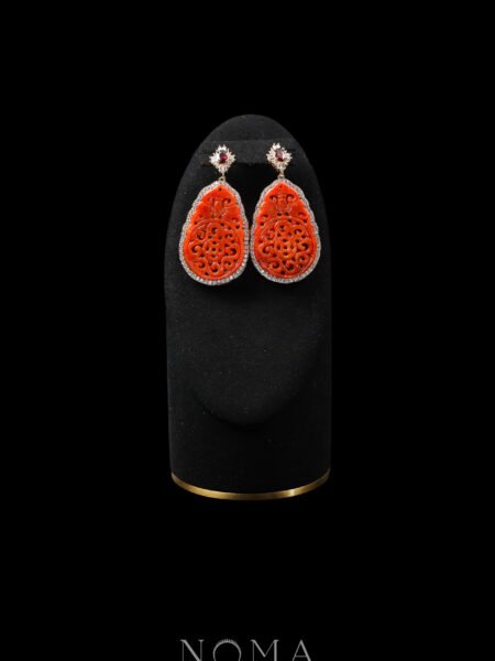Superior Oval T Carved Rounded Teardrop Small Jade Earrings - 18k Yellow Gold, Red Jade