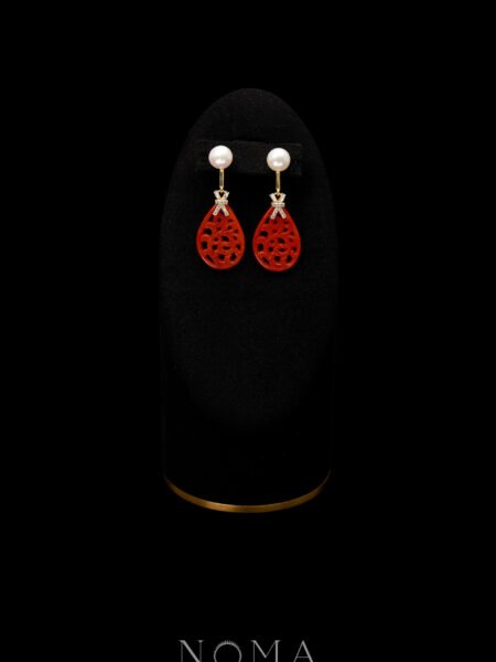 Carved Teardrop Small Jade with Pearl Earrings  - 18k Yellow Gold, Red Jade