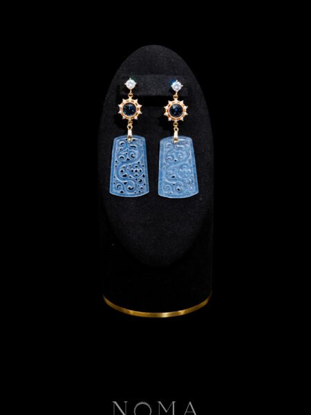 Carved Trapezium Monumental Jade Shine Earrings - 18k Yellow Gold, Blue Jade