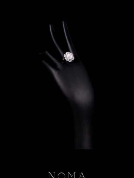 Oval Jade Pear Deco Ring - Rhodium White Gold, White Jade