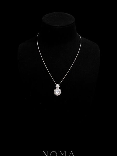 Oval Jade Pear Deco Pendant - Rhodium White Gold, White Jade