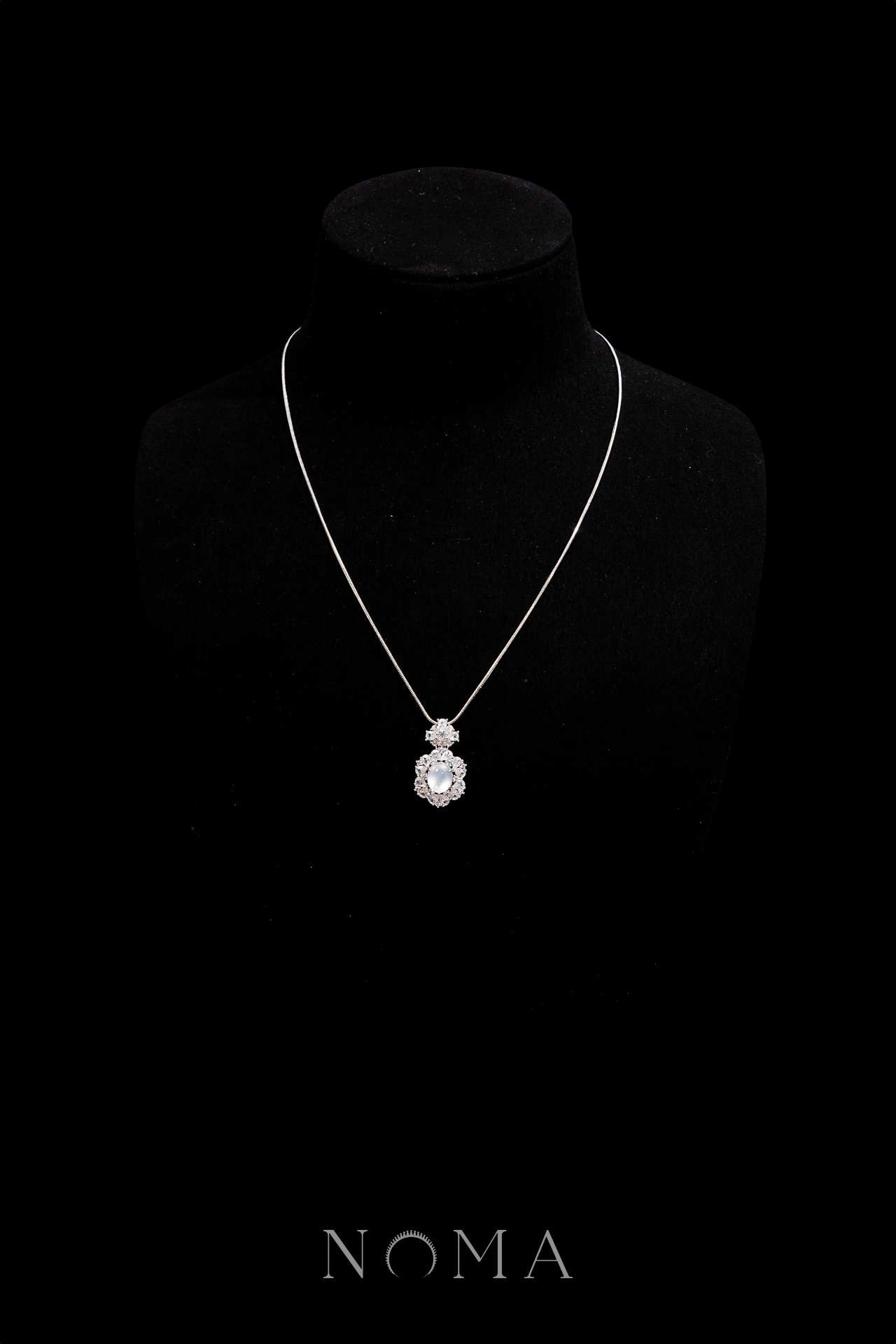 Oval Jade Pear Deco Pendant - Rhodium White Gold, White Jade