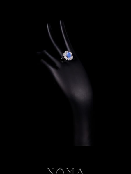 Oval Jade Pear Deco Ring - Rhodium White Gold, Blue Jade