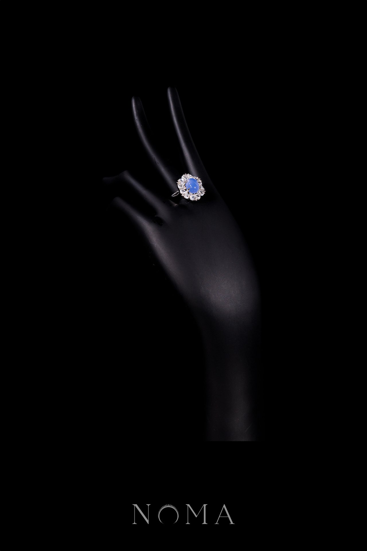 Oval Jade Pear Deco Ring - Rhodium White Gold, Blue Jade
