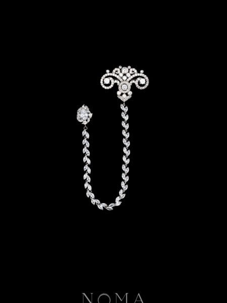 Ornamental Curved Pear Chain Pin - Rhodium White Gold
