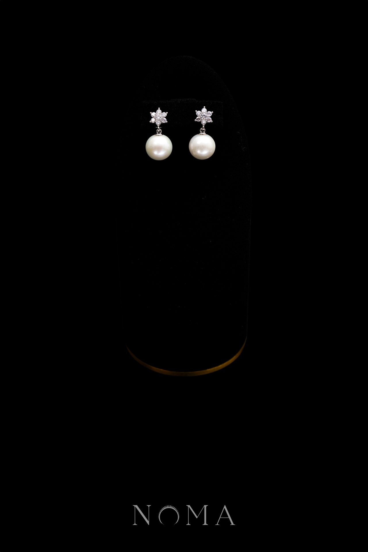 Floral Paved Drop Round Pearl 12 mm Earrings - Rhodium White Gold, White Pearl
