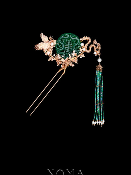 Crane and Dragon Jade Hairpin - Gold, Jade