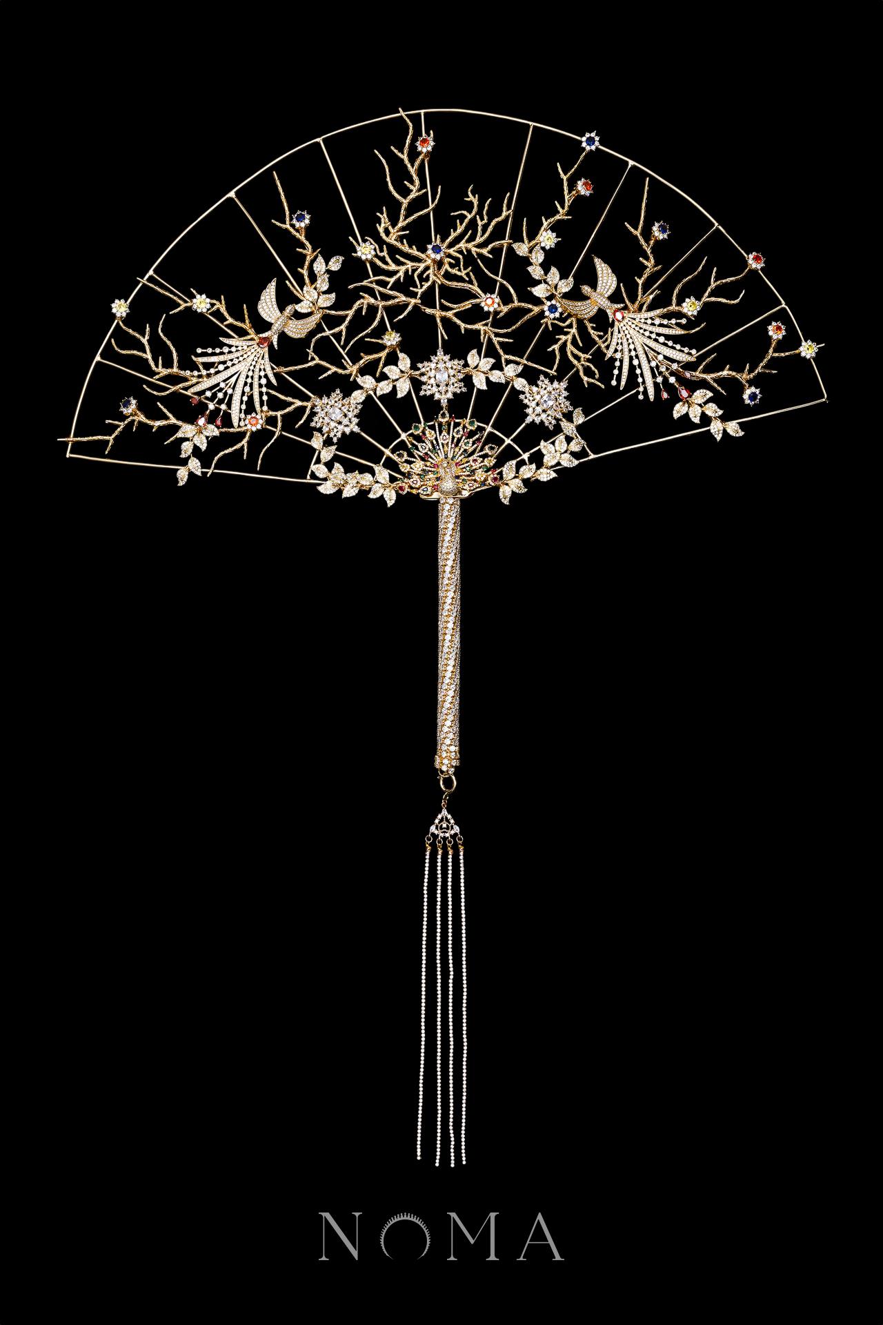 Peacock Gems Art Fan - Gold