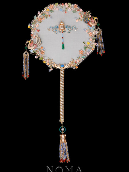 Colorful Double Phoenix Spring Garden Fan - Gold, Blue