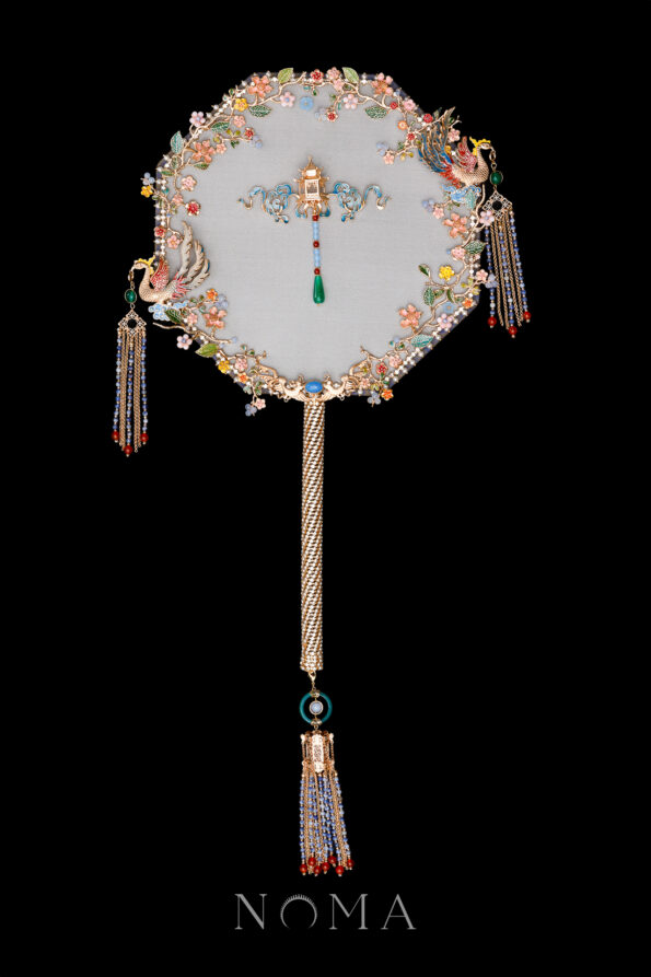 CHN-202300071-Colorful-Double-Phoenix-Spring-Garden-Fan-Gold-Blue