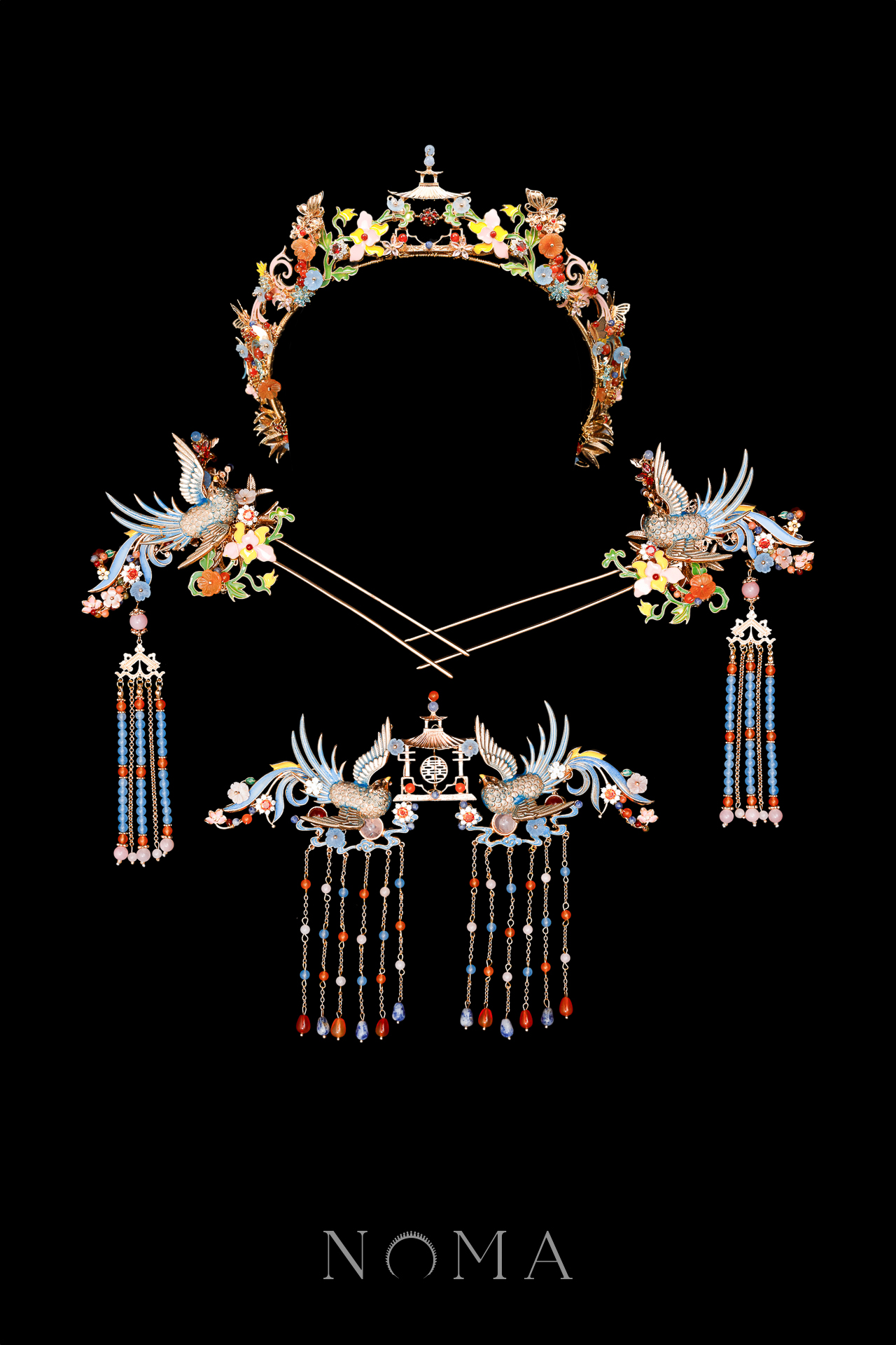 Colorful Swallow Pagoda Set - Gold, Blue (4 pcs)