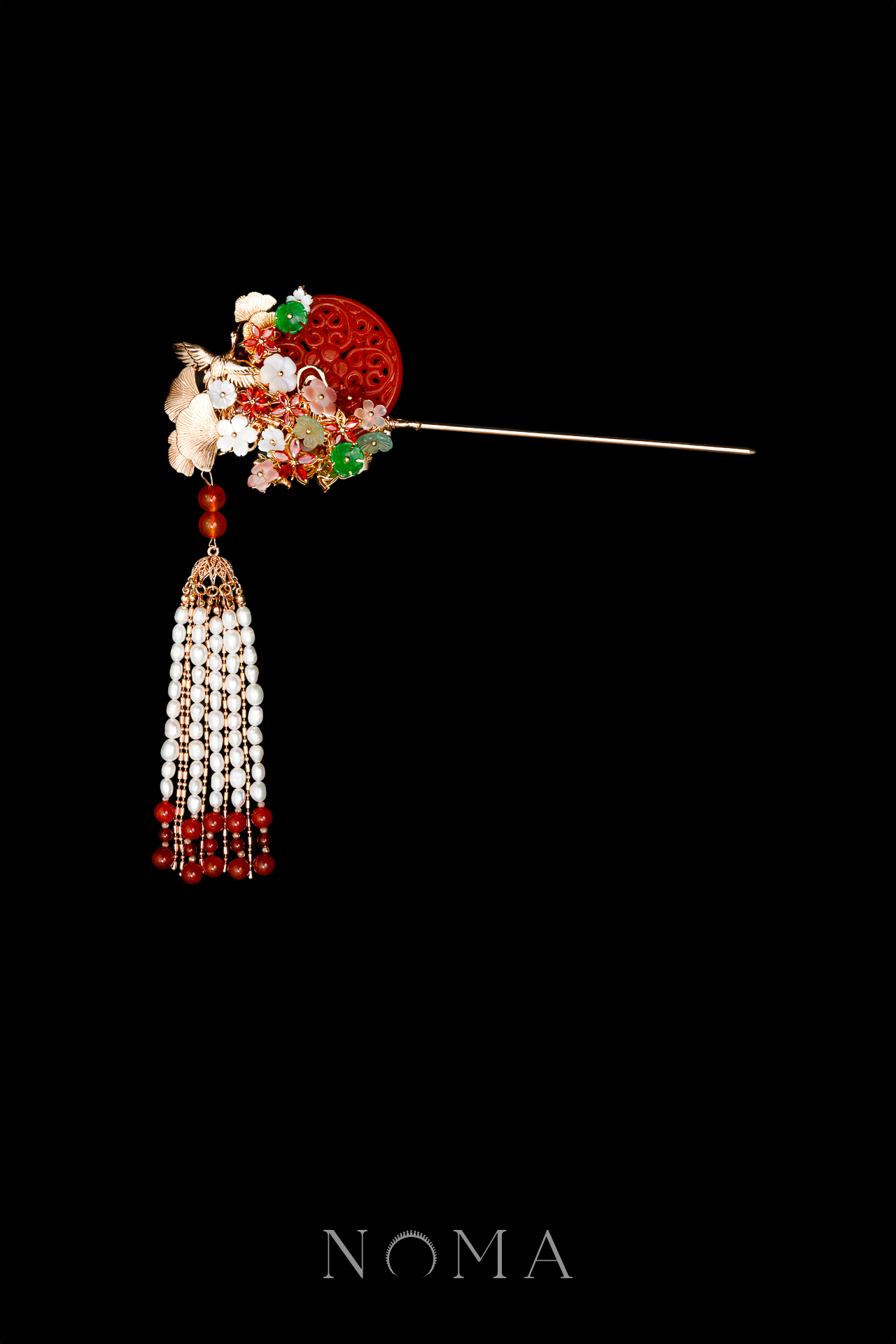 Carved Jade Crane Ginkgo Hairpin - Gold, Red Jade (Right)