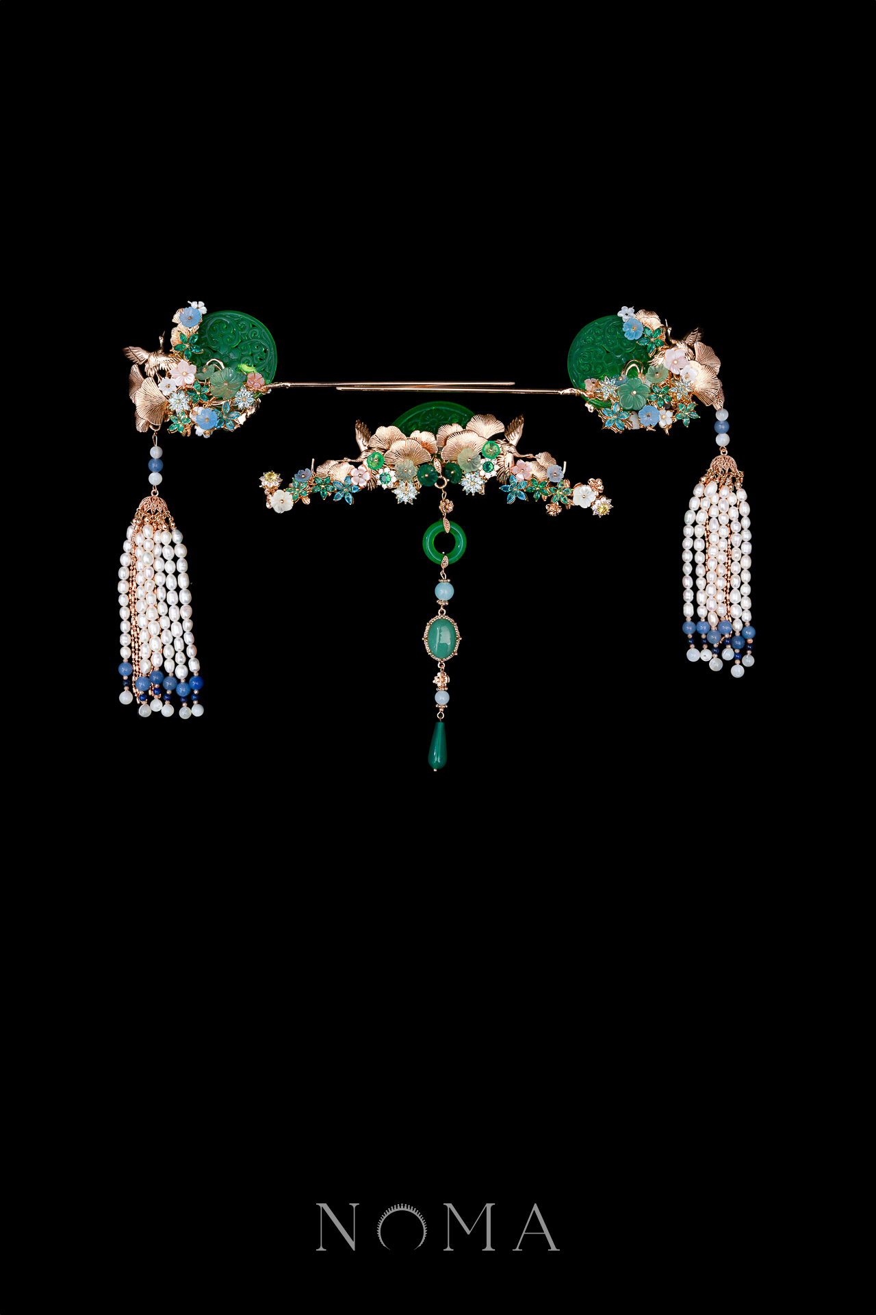 CHN-202400101-Carved-Jade-Crane-Ginkgo-Full-Set-Gold-Jade-3-pcs