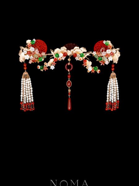 Carved Jade Crane Ginkgo Full Set - Gold, Red Jade (3 pcs)