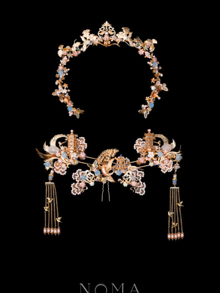 Harmonious Phoenix Pagoda Ornament Full Set - Gold, Pink (4 pcs)