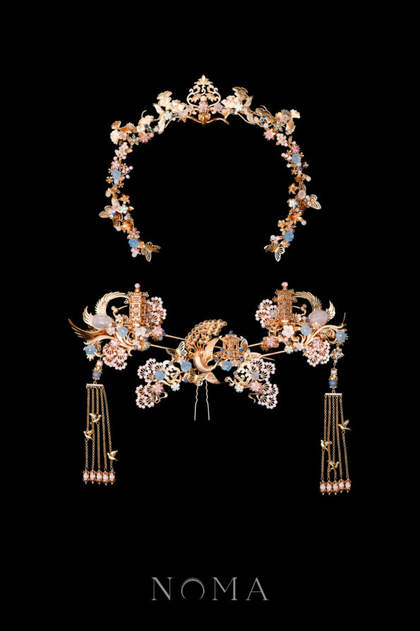 CHN-202400116-Harmonious-Phoenix-Pagoda-Ornament-Full-Set-Gold-Pink-4-pcs