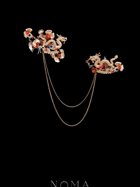 Chained Dragon Ginkgo Brooch - Gold, Blue