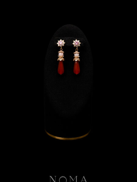 Round Paved Ornamental Pear Jade Earrings - Gold, Red Jade