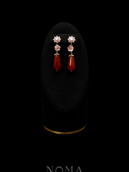 Round Paved Ume Pear Jade Earrings - Gold, Red Jade