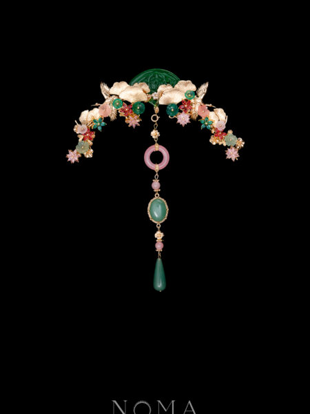 Carved Jade Crane Ginkgo Hairvine - Gold, Pink