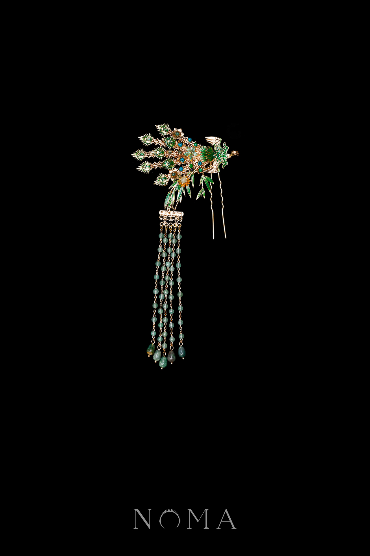Colorful Oriental Phoenix Hairpin - Gold, Turquoise (Left)