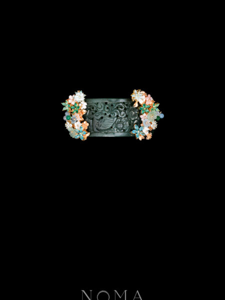 Carved Peacock Floral Turquoise Jade Cuff - Gold, Jade