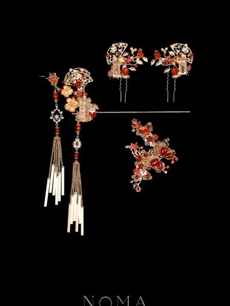 Floral Fan-Shaped Arrangement Set - Gold, Ruby (4 pcs)